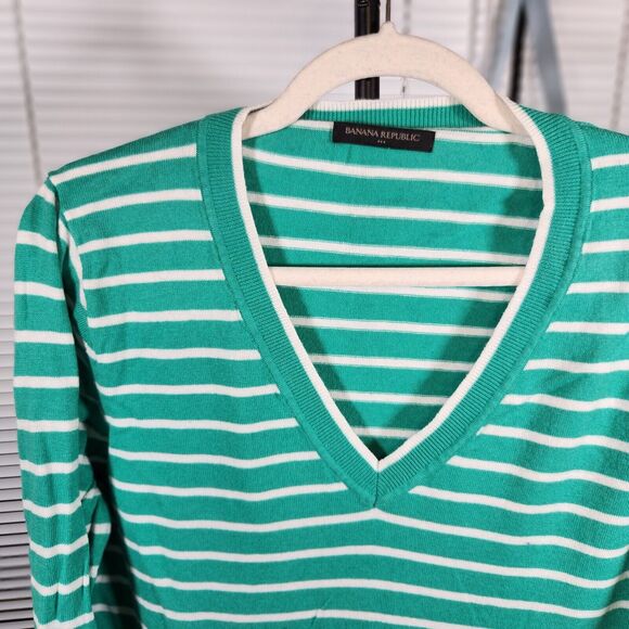 Banana Republic XL $120 V-Neck Cotton Cashmere Wool Green White Striped Sweater - Picture 2 of 8